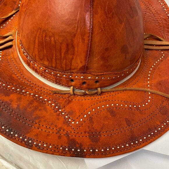 Wide Brim Vintage Leather Sun Hat Handmade Brazilian Natural Western Slouch Kid - Picture 10 of 15